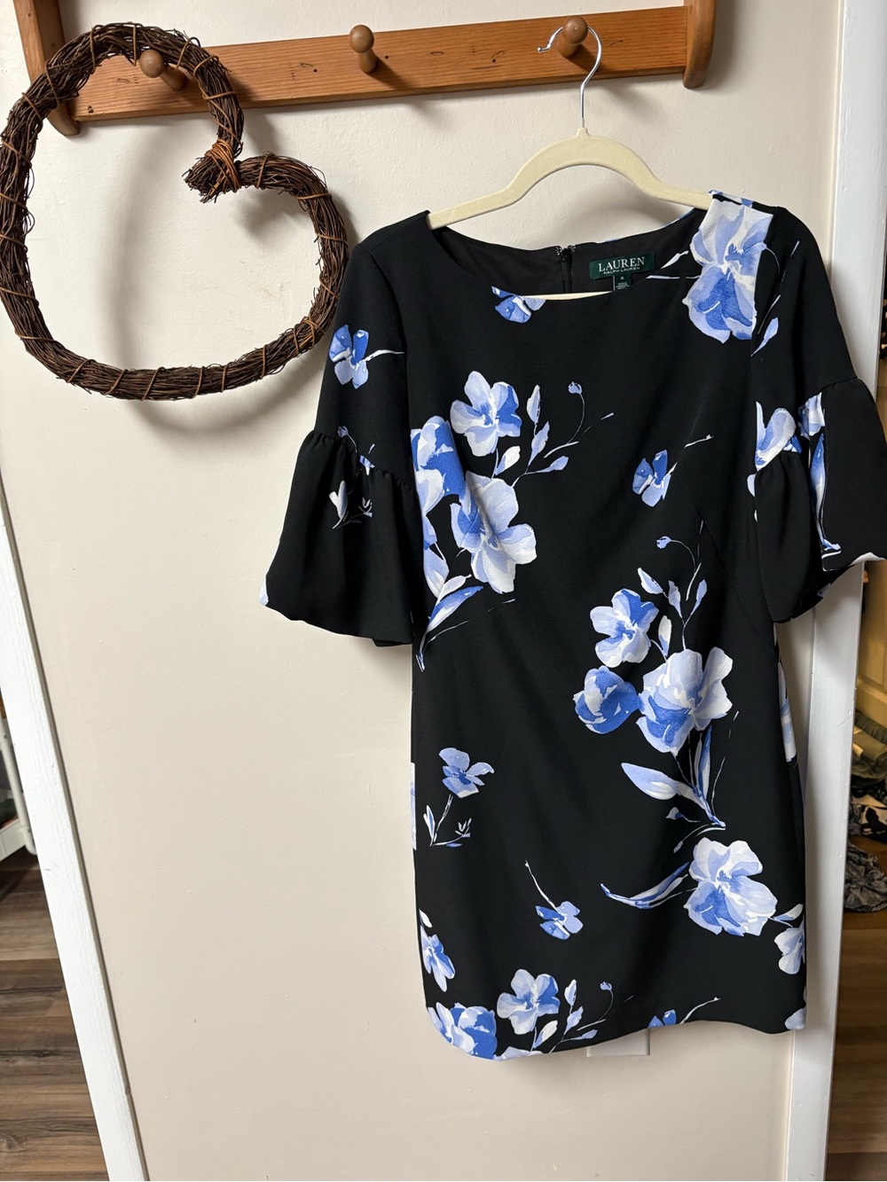 Ralph Lauren Black Dress with Blue and White Floral Accents